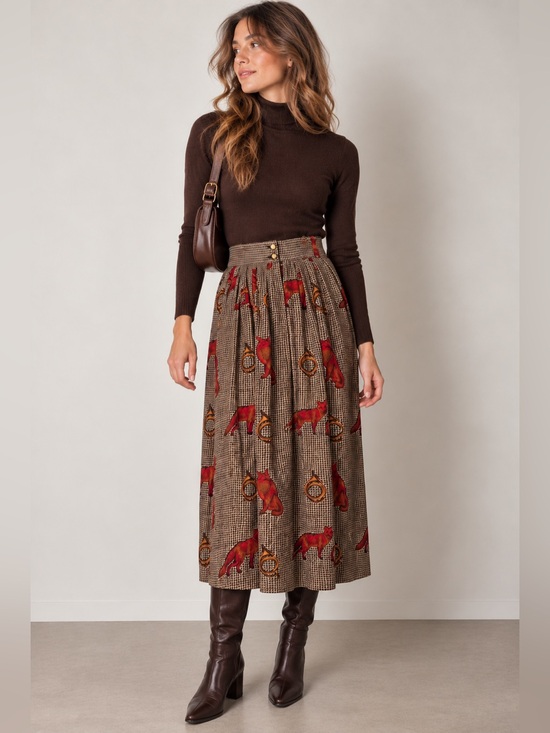 Vintage Dresses & Skirts - Vintage Fox Print Houndstooth twee Midi Skirt Equestrian Academia sz 14